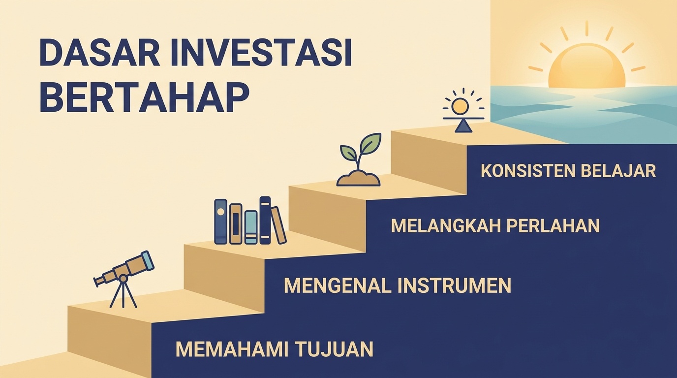 Tangga sederhana yang menggambarkan langkah belajar dasar investasi secara bertahap