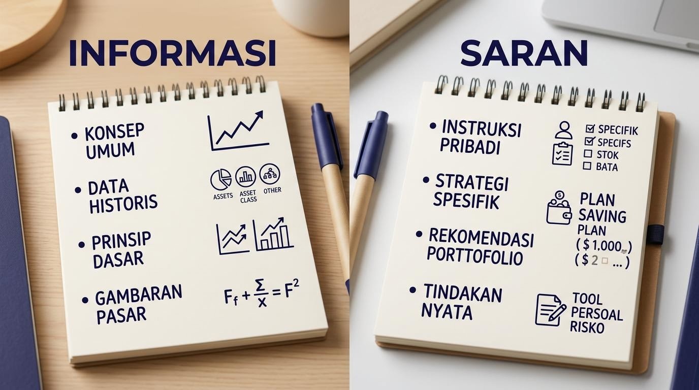 Dua kolom kertas yang membandingkan informasi edukatif dengan saran pribadi