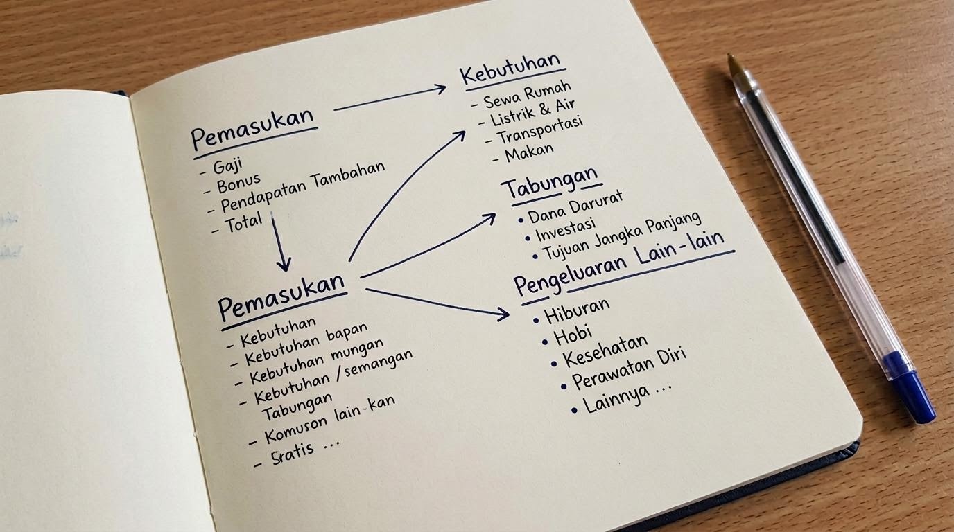 Catatan tangan berisi pos pemasukan dan pengeluaran sebagai gambaran keuangan pribadi