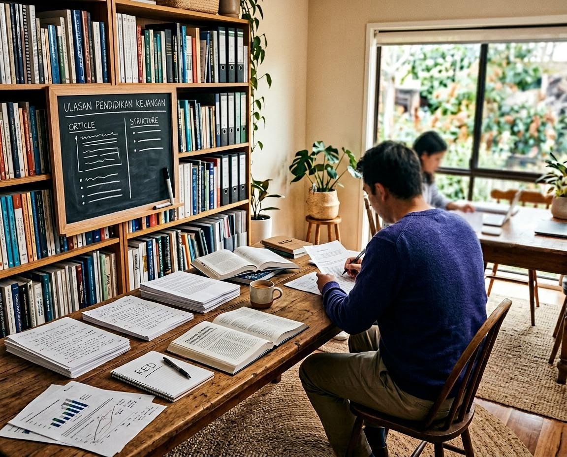 Suasana ruang kerja redaksi dengan rak buku, meja baca, dan catatan editorial tentang keuangan