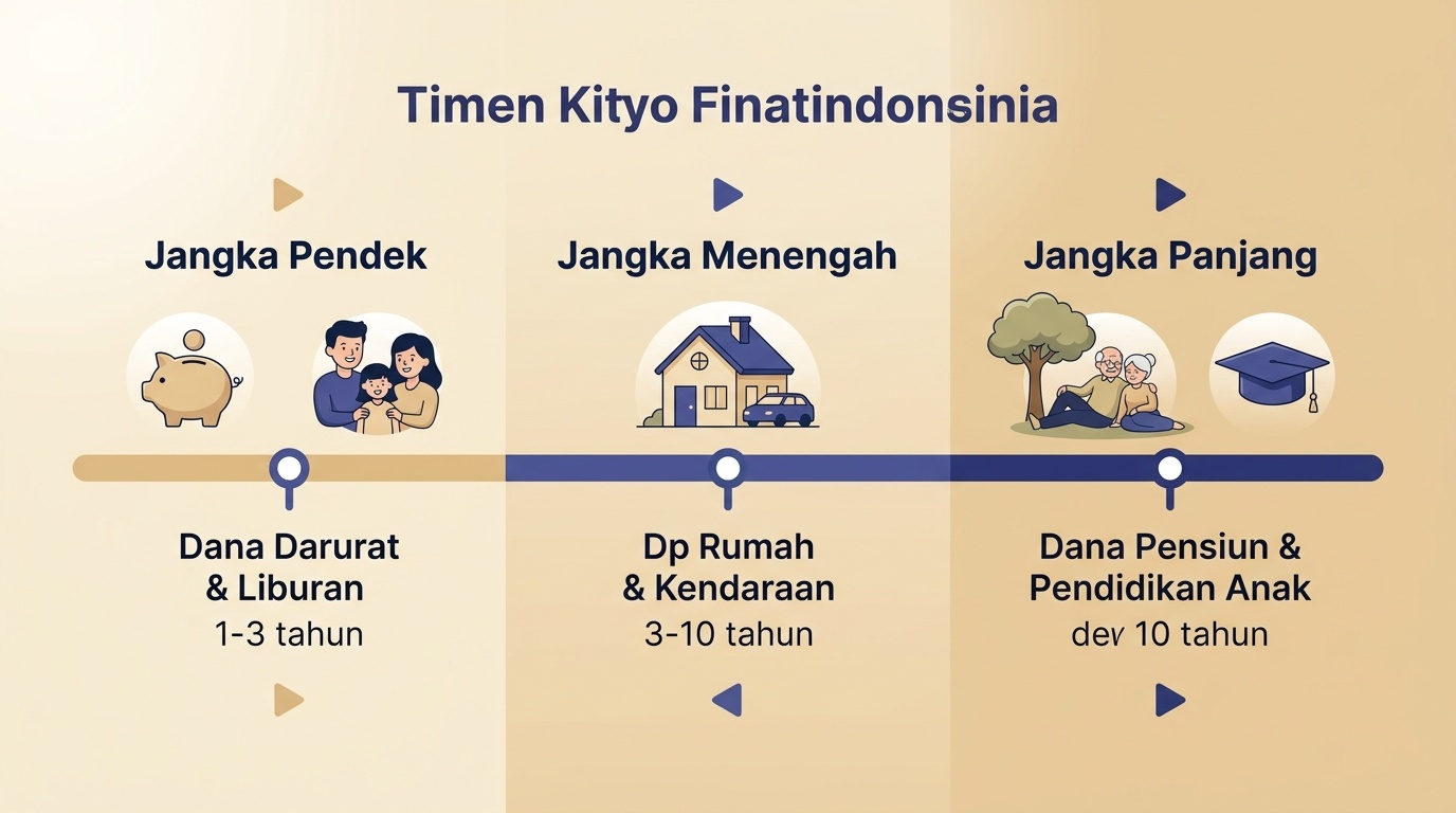 Garis waktu sederhana yang menggambarkan tujuan keuangan pada horizon pendek, menengah, dan panjang